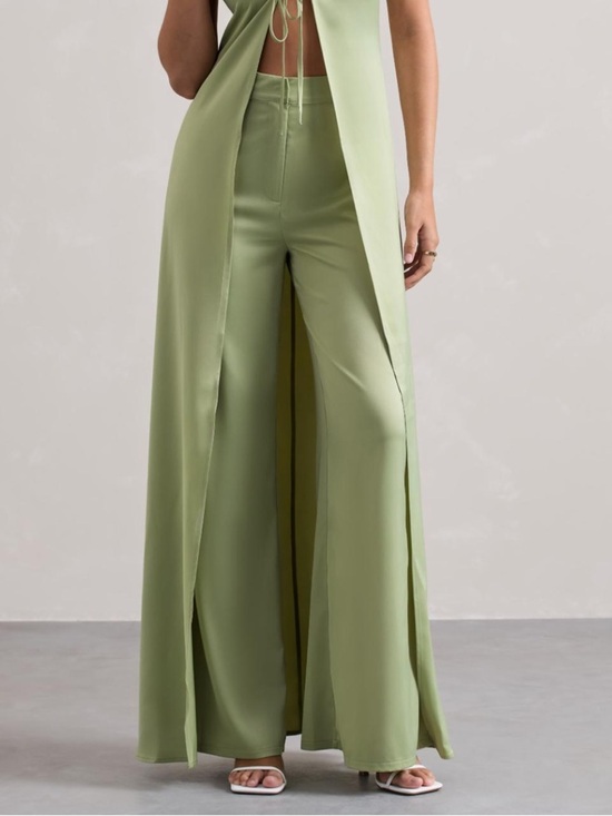 Club L London Pants - NWT Club L London Satin Wide Leg Trouser Sage Green High Rise Size US 8